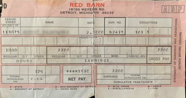 Red Barn Restaurant - Old Pay Stub - Office Was On Myers In Detroit